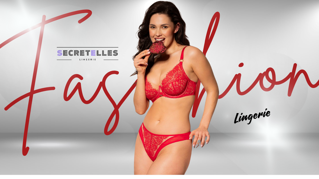 Femme en lingerie rouge dentelle – Collection tendance 2025 SECRETELLES Lingerie – Style sexy et confiant pour toutes les morphologies.