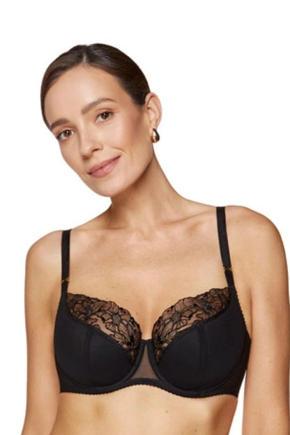 Semi-soft Gorteks 221477 black bra with floral lace upper cups and underwire support – front view close-up.