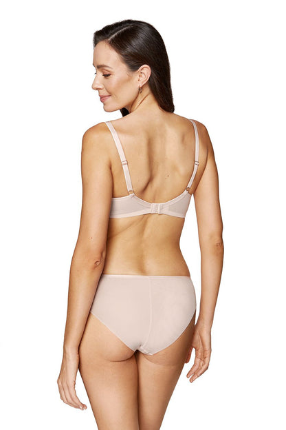 Soft Gorteks beige bra back view featuring elastic tulle band and adjustable straps