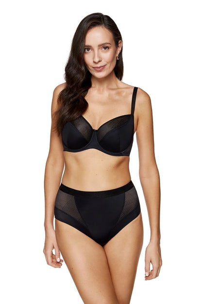Soft Gorteks Laurel black bra full front view styled with matching high-waist briefs