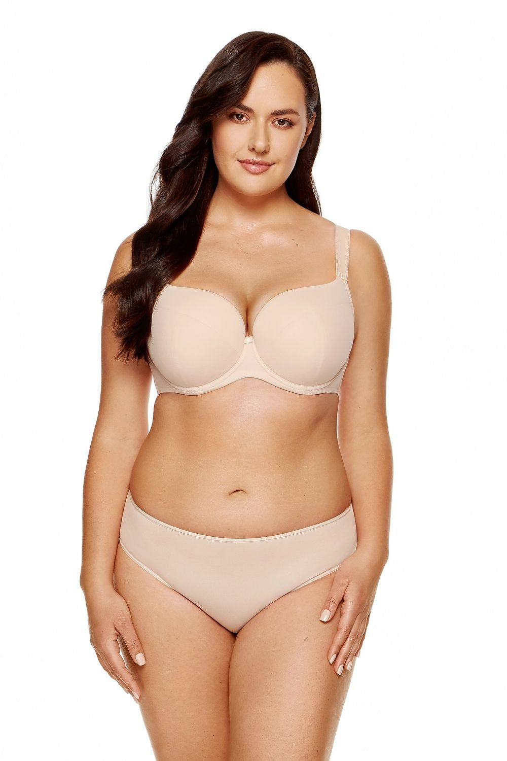 Padded Gorteks nude bra for large bust with smooth shaping cups and supportive fit – front view.